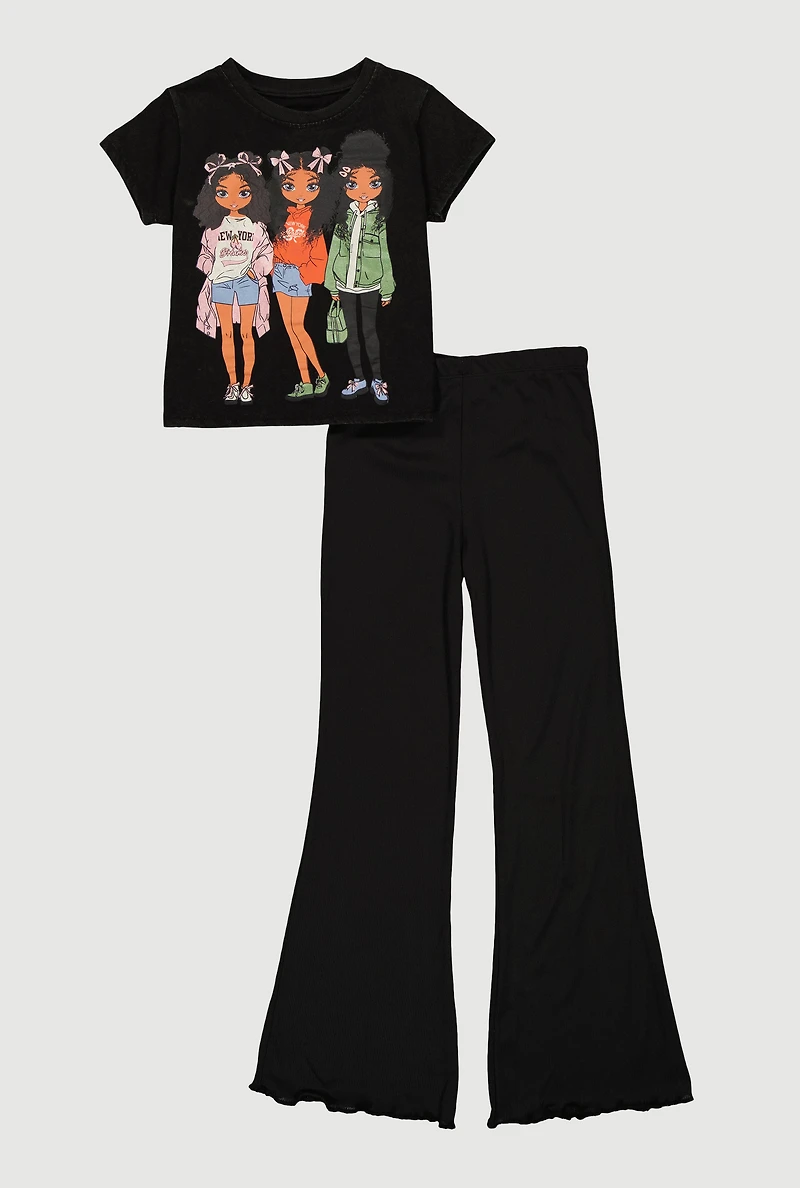 Girls Graphic Tee and Lettuce Edge Flare Pants