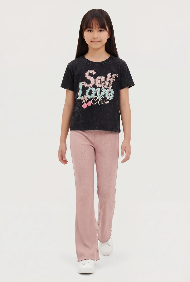 Girls Mineral Wash Self Love Club Graphic Tee and Flare Pants