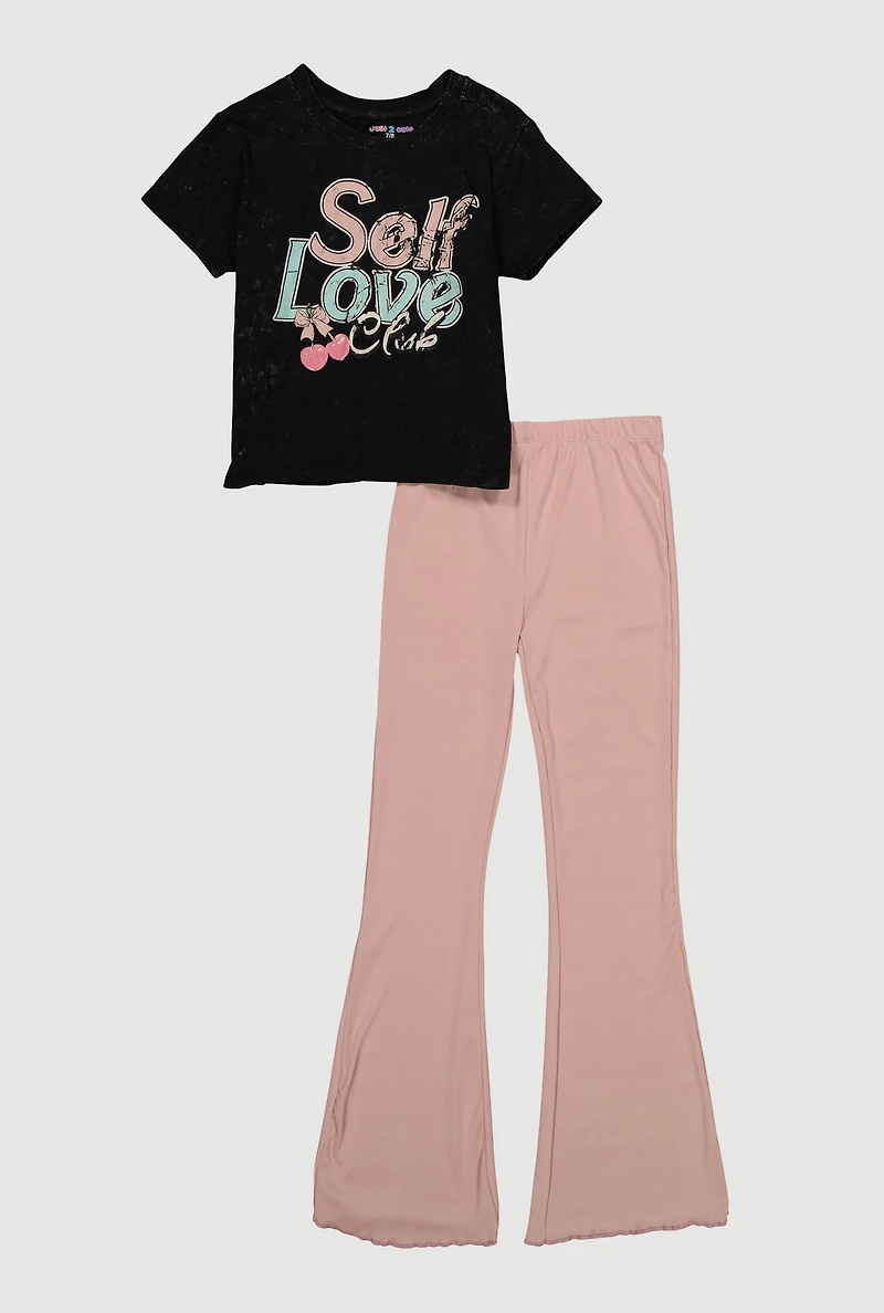 Girls Mineral Wash Self Love Club Graphic Tee and Flare Pants