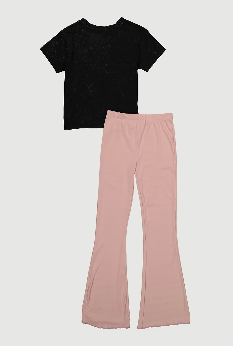 Girls Mineral Wash Self Love Club Graphic Tee and Flare Pants