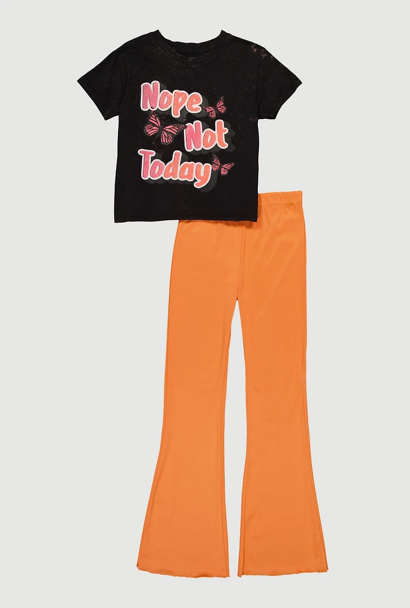 Girls Mineral Wash Nope Not Today Graphic Tee and Flare Pants