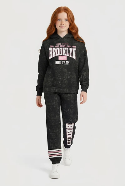 Girls Acid Wash Brooklyn Graphic Hoodie and Sweatpants
