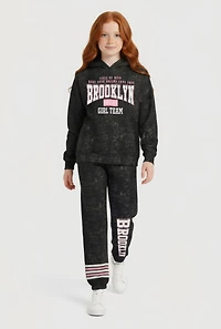 Girls Acid Wash Brooklyn Graphic Hoodie and Sweatpants
