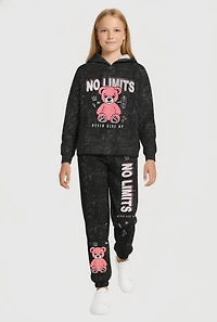 Girls Acid Wash No Limits Graphic Hoodie and Sweatpants Set, Black, Size 10-12