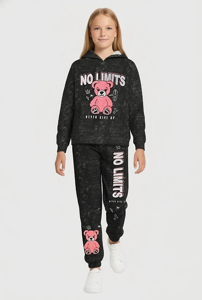 Girls Acid Wash No Limits Graphic Hoodie and Sweatpants Set