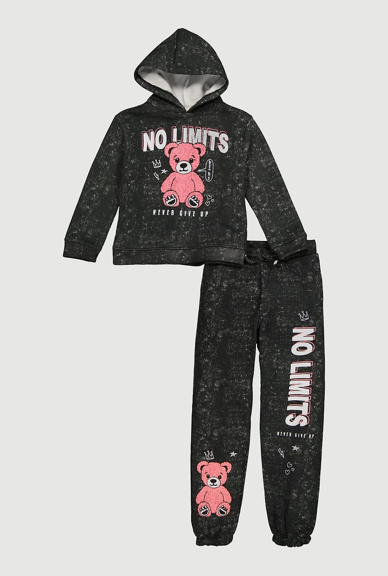 Girls Acid Wash No Limits Graphic Hoodie and Sweatpants Set, Black, Size 10-12