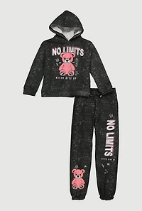 Girls Acid Wash No Limits Graphic Hoodie and Sweatpants Set, Black, Size 10-12