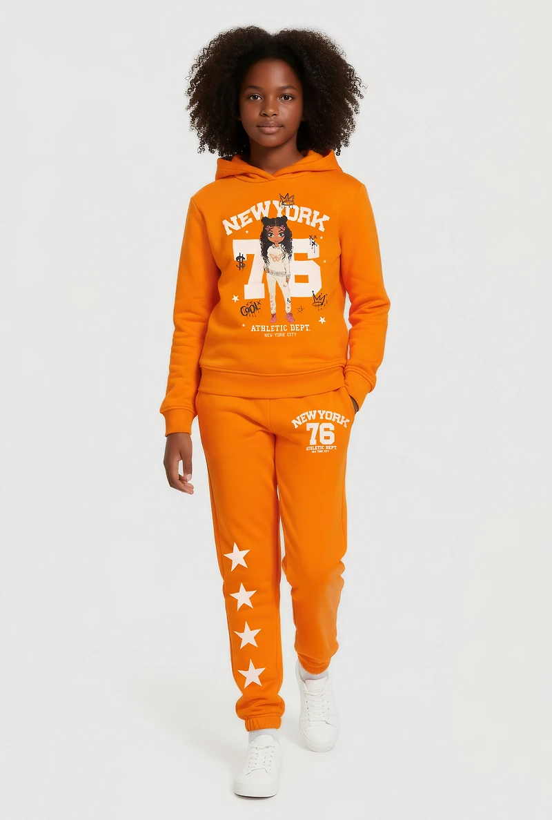 Girls New York 76 Graphic Hoodie and Sweatpants Set, Orange, Size 7-8