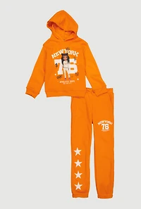 Girls New York 76 Graphic Hoodie and Sweatpants Set, Orange, Size 7-8