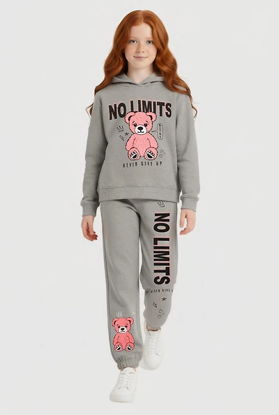 Girls No Limit Teddy Graphic Hoodie and Sweatpants Set, Grey, Size 10-12