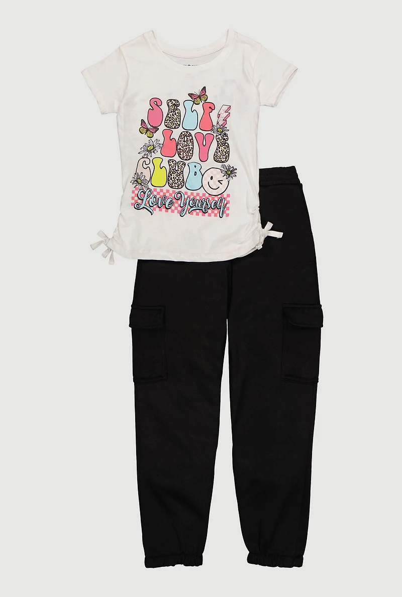 Girls Self Love Club Graphic Tee and Cargo Sweatpants Set