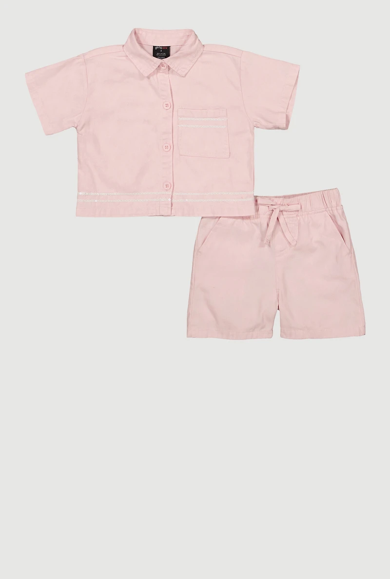 Little Girls Sequin Trim Button Front Shirt and Shorts