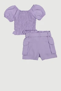 Little Girls Smocked Puff Sleeve Top and Cargo Shorts, Purple, Size 4