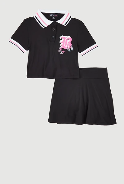 Little Girls B Initial Butterfly Graphic Polo Shirt and Skort