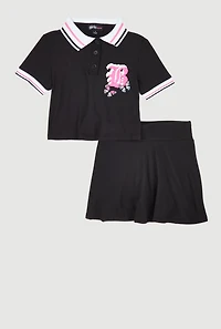 Little Girls B Initial Butterfly Graphic Polo Shirt and Skort