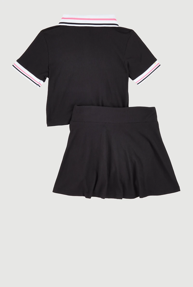 Little Girls B Initial Butterfly Graphic Polo Shirt and Skort, Black, Size 5-6