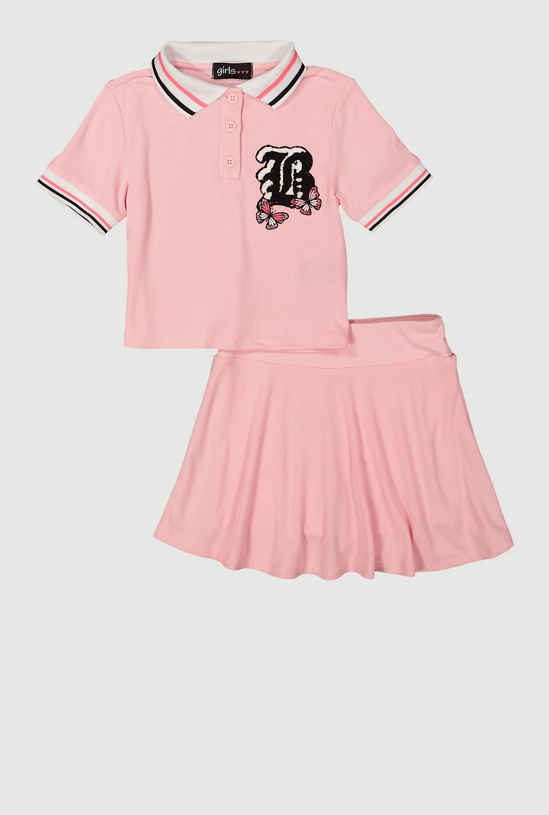 Little Girls B Initial Butterfly Graphic Polo Shirt and Skort