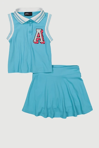 Little Girls Chenille Initial A Patch Polo Tee and Skort, Blue, Size 5-6