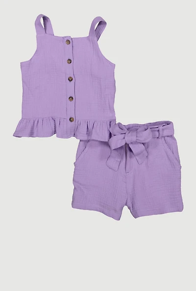 Little Girls Sleeveless Button Front Ruffle Hem Top and Shorts