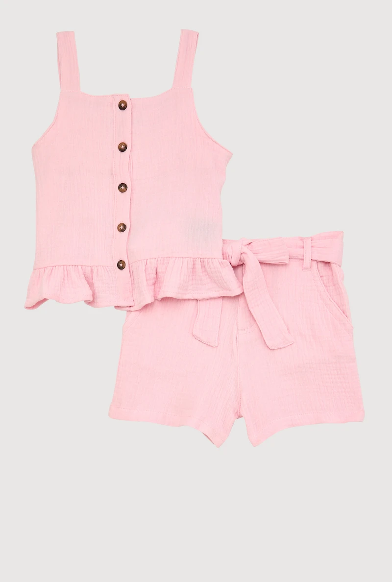 Little Girls Sleeveless Button Front Ruffle Hem Top and Shorts, Pink, Size 5-6