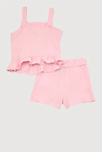 Little Girls Sleeveless Button Front Ruffle Hem Top and Shorts, Pink, Size 5-6