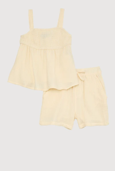 Little Girls Gauze Knit Smocked Top and Shorts, Beige, Size 5-6