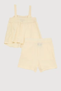 Little Girls Gauze Knit Smocked Top and Shorts, Beige, Size 5-6