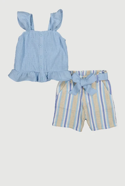 Little Girls Gauze Knit Smocked Top and Stripe Shorts, Blue, Size 4