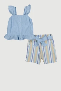 Little Girls Gauze Knit Smocked Top and Stripe Shorts