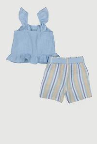 Little Girls Gauze Knit Smocked Top and Stripe Shorts,