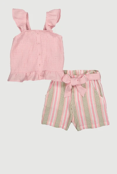 Little Girls Gauze Knit Smocked Top and Stripe Shorts, Pink, Size 4