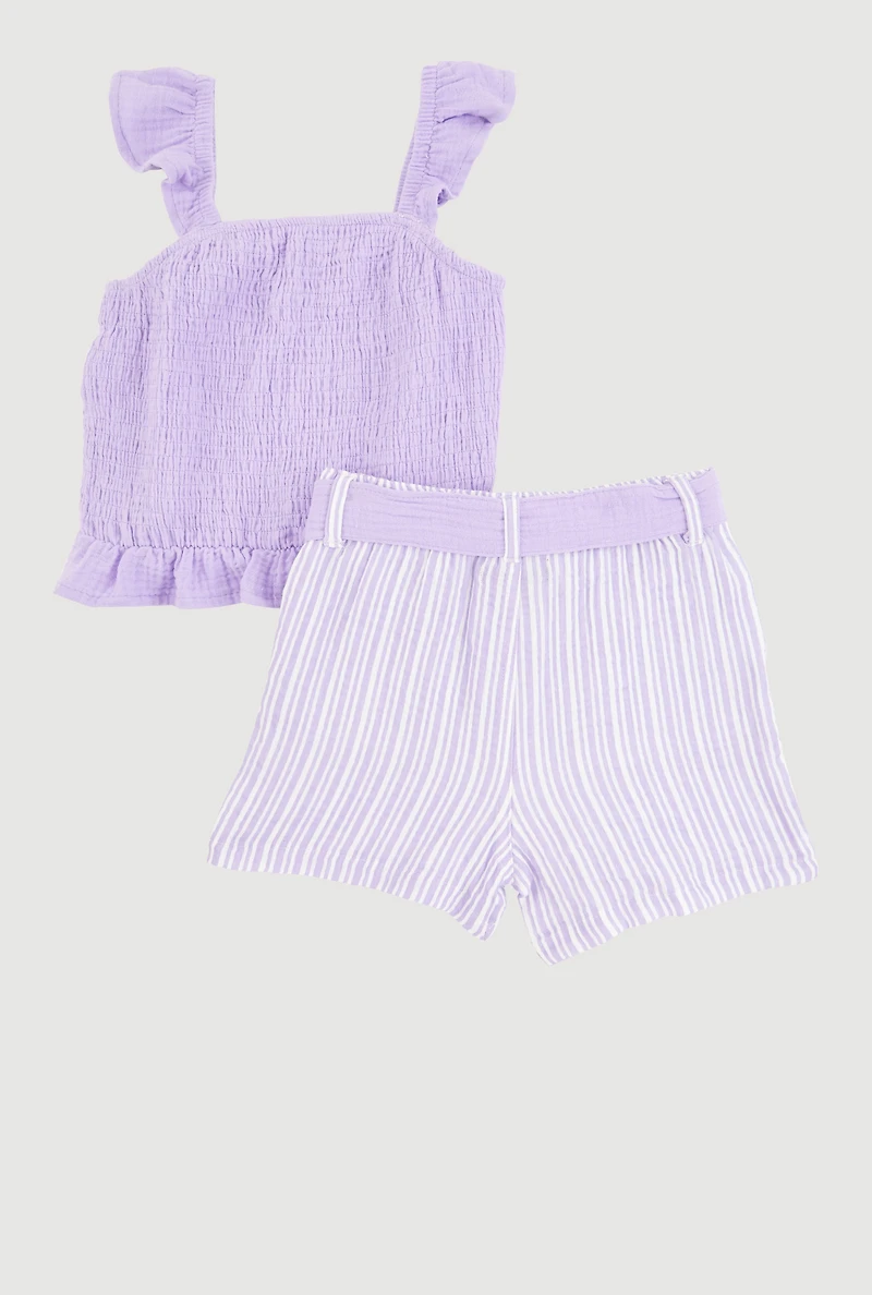 Little Girls Ruffle Smocked Top and Tie Waist Striped Shorts, Purple, Size 4