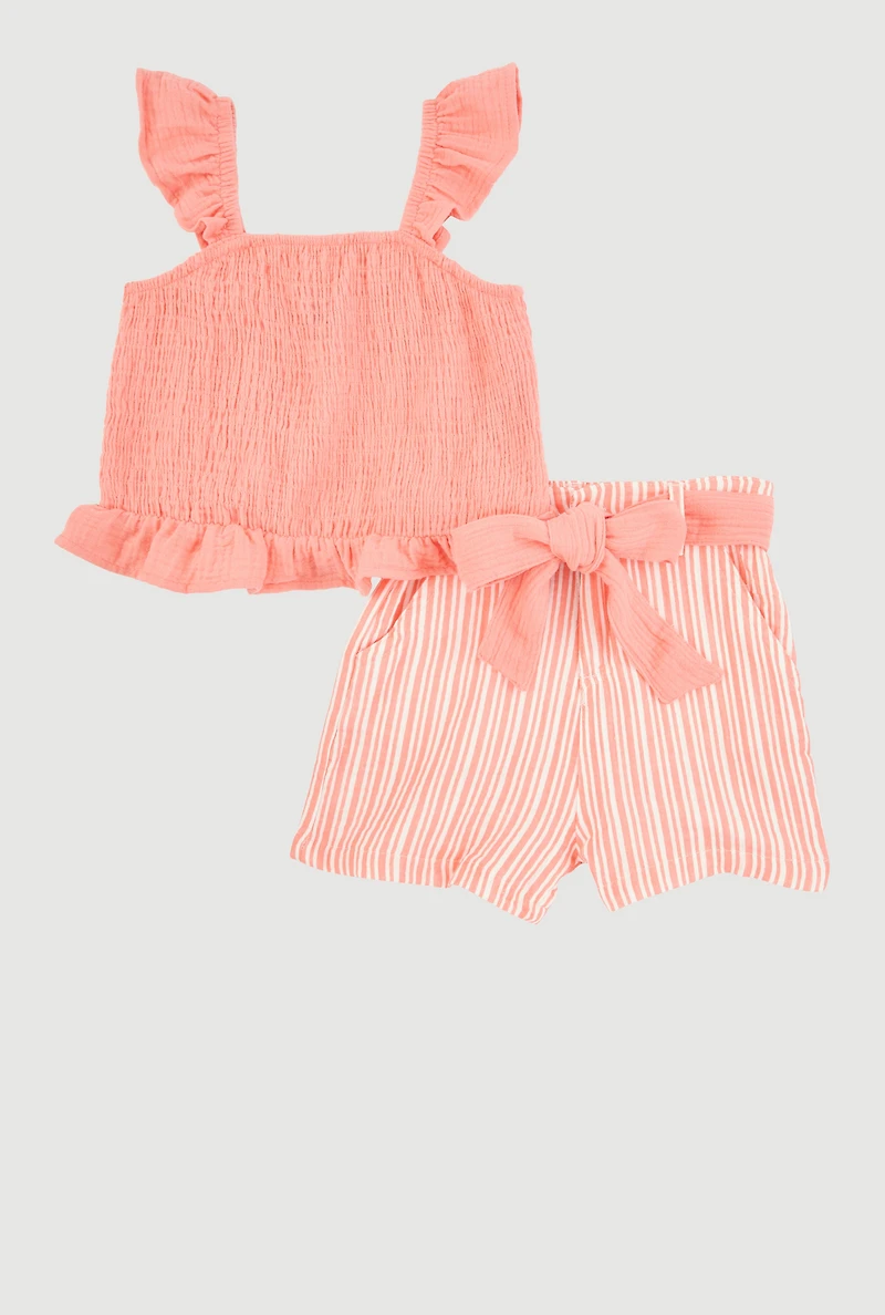 Little Girls Ruffle Smocked Top and Tie Waist Striped Shorts