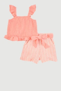 Little Girls Ruffle Smocked Top and Tie Waist Striped Shorts