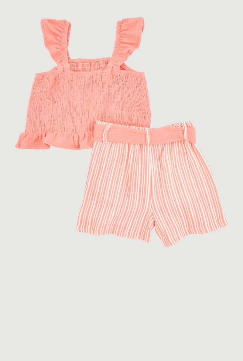 Little Girls Ruffle Smocked Top and Tie Waist Striped Shorts, Multi, Size 6X