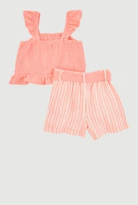 Little Girls Ruffle Smocked Top and Tie Waist Striped Shorts, Multi, Size 6X