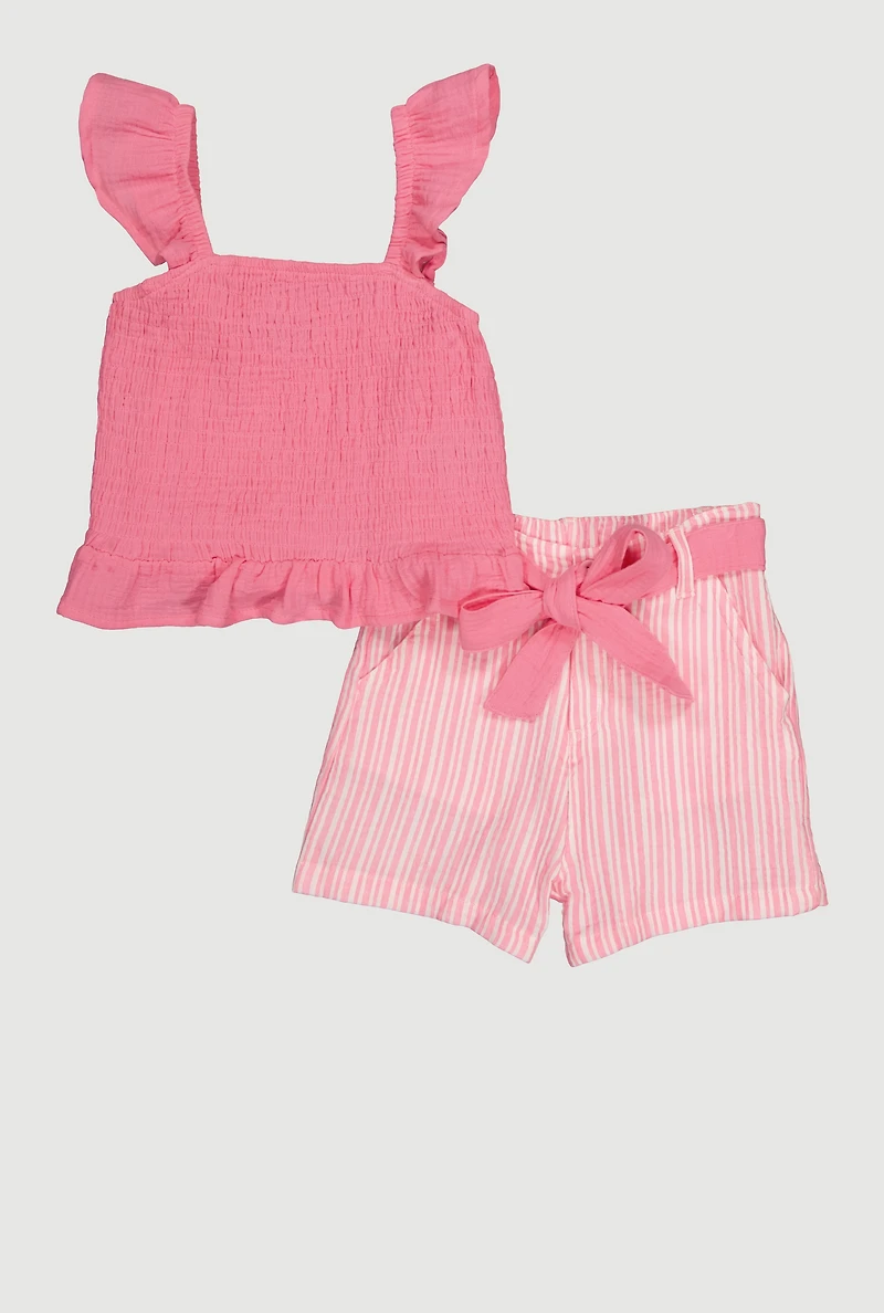 Little Girls Ruffle Smocked Top and Tie Waist Striped Shorts, Pink, Size 4