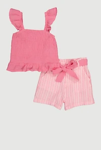 Little Girls Ruffle Smocked Top and Tie Waist Striped Shorts, Pink, Size 4