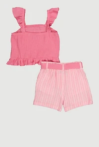 Little Girls Ruffle Smocked Top and Tie Waist Striped Shorts, Pink, Size 4