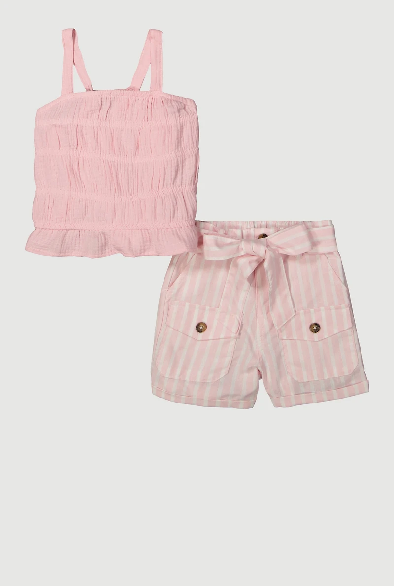 Little Girls Gauze Knit Smocked Sleeveless Top and Shorts, Pink, Size 5-6