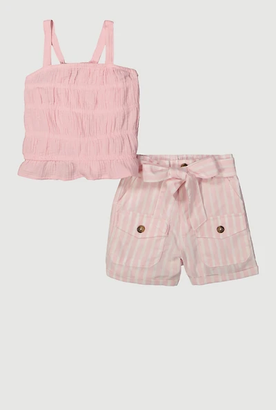 Little Girls Gauze Knit Smocked Sleeveless Top and Shorts, Pink, Size 5-6