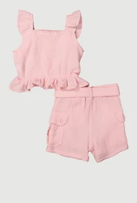 Little Girls Sleeveless Ruffle Button Front Top and Shorts, Pink,