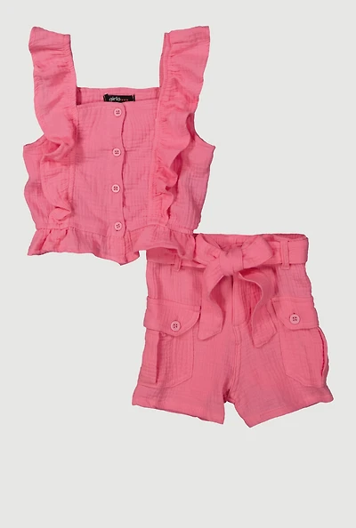 Little Girls Sleeveless Ruffle Button Front Top and Shorts, Pink,
