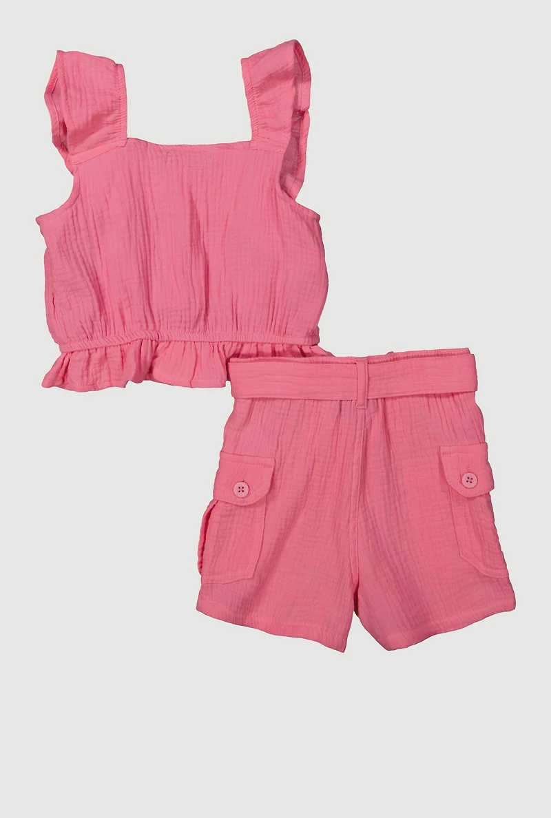 Little Girls Sleeveless Ruffle Button Front Top and Shorts, Pink, Size 6X