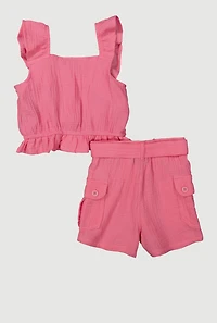 Little Girls Sleeveless Ruffle Button Front Top and Shorts, Pink, Size 6X