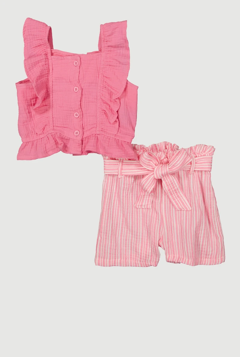 Little Girls Gauze Knit Tank Top and Striped Shorts