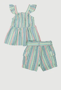 Little Girls Striped Babydoll Top and Cargo Shorts, Multi, Size 4