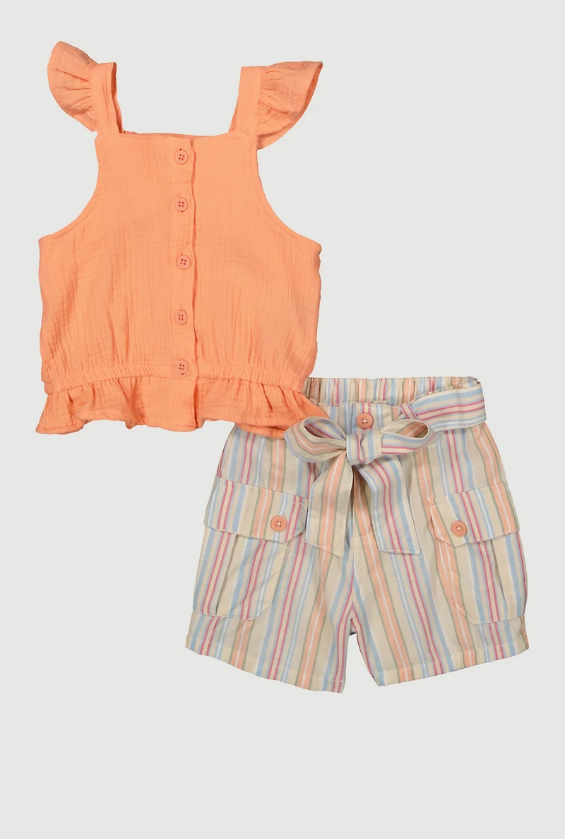 Little Girls Gauze Knit Sleeveless Top and Stripe Shorts, Orange, Size 4