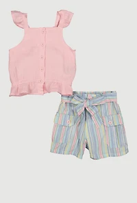 Little Girls Gauze Knit Sleeveless Top and Stripe Shorts