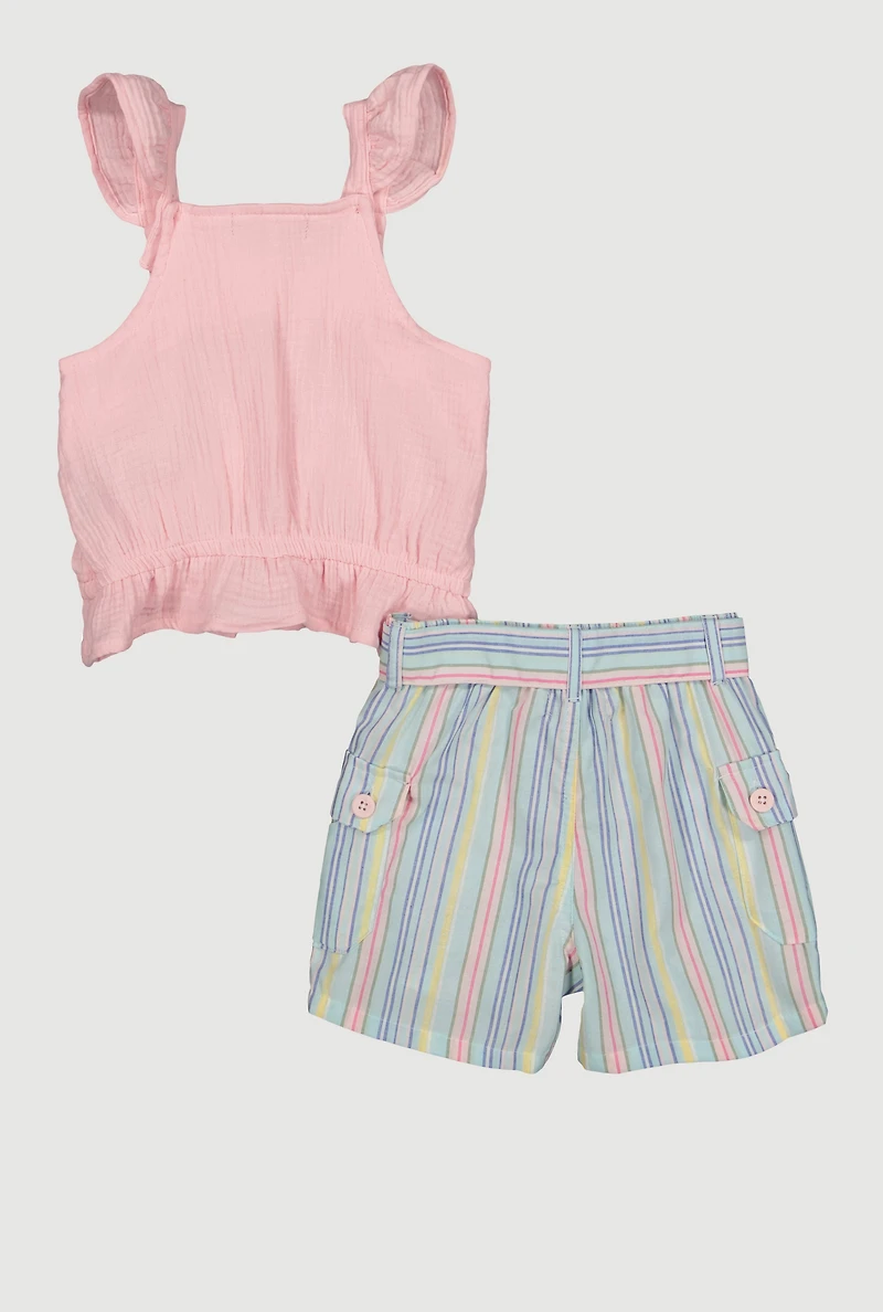 Little Girls Gauze Knit Sleeveless Top and Stripe Shorts, Pink, Size 6X